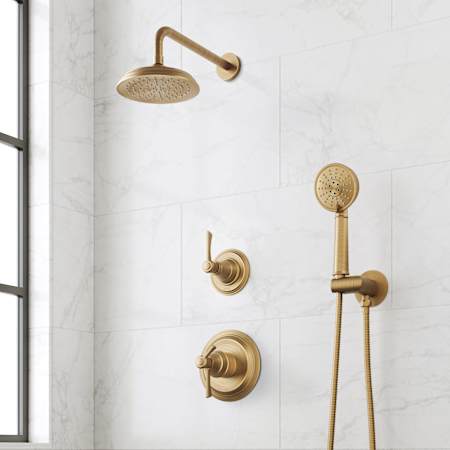 Signature Hardware Marceau Dual Control Pressure Balance Shower System with Shower Head, Lever Handles, Hand Shower, Shower Arm, Hose, and Valve Trim - Rough-In Valve Included Aged Brass