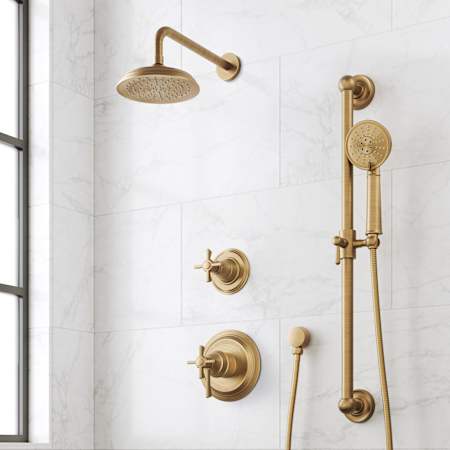 Signature Hardware Marceau Dual Control Pressure Balance Shower System with Shower Head, Cross Handles, Slide Bar, Hand Shower, Shower Arm, Hose, and Valve Trim - Rough-In Valve Included Aged Brass