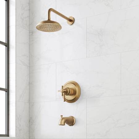 Signature Hardware Marceau Dual Control Pressure Balanced Tub and Shower System with Shower Head, Cross Handles, Shower Arm, Tub Spout, and Valve Trim - Rough-In Valve Included Aged Brass