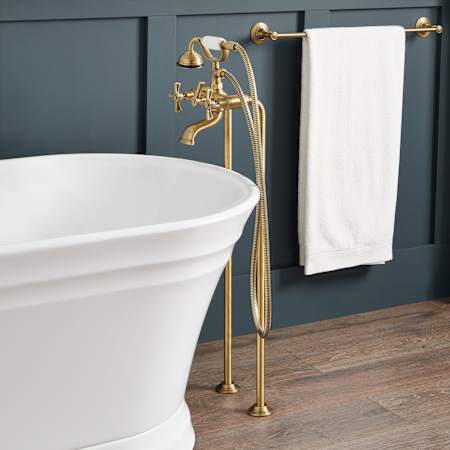 Signature Hardware Marceau Floor Mounted Tub Filler Faucet with Cross Handles - Includes Hand Shower and Valve Aged Brass