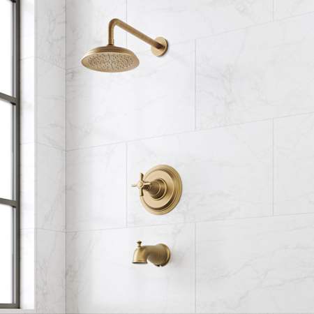 Signature Hardware Marceau Pressure Balanced Tub and Shower Package with Shower Head, Cross Handle, and Tub Spout - Accufit Rough-In Valve Included Aged Brass