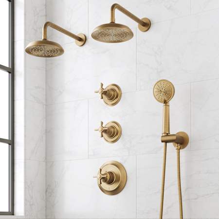 Signature Hardware Marceau Thermostatic Shower System with Dual Shower Heads, Cross Handles, Hand Shower, Shower Arm, Hose, and Valve Trim - Rough-In Valve Included Aged Brass