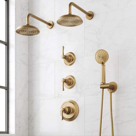 Signature Hardware Marceau Thermostatic Shower System with Dual Shower Heads, Lever Handles, Hand Shower, Shower Arm, Hose, and Valve Trim - Rough-In Valve Included Aged Brass