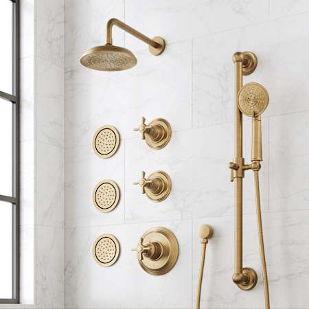 Signature Hardware Marceau Thermostatic Shower System with Shower Head, 3 Body Sprays, Cross Handles, Slide Bar, Hand Shower, Shower Arm, Hose, and Valve Trim - Rough-In Valve Included Aged Brass