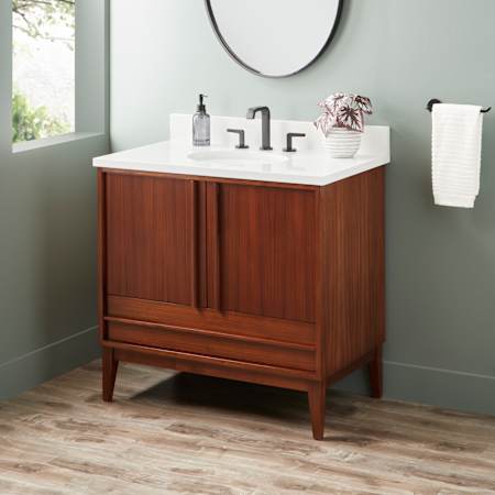 Signature Hardware Sybill 36" Freestanding Mahogany Single Basin Vanity Set with Cabinet, Vanity Top, and Oval Porcelain Sink - 8" Faucet Holes Washed Walnut / Arctic White