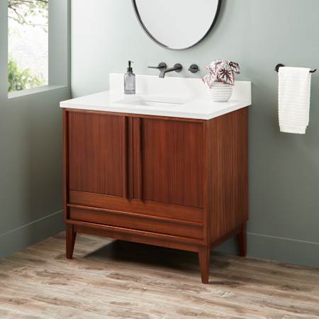 Signature Hardware Sybill 36" Freestanding Mahogany Single Basin Vanity Set with Cabinet, Vanity Top, and Rectangular Porcelain Sink - No Faucet Holes Washed Walnut / Arctic White
