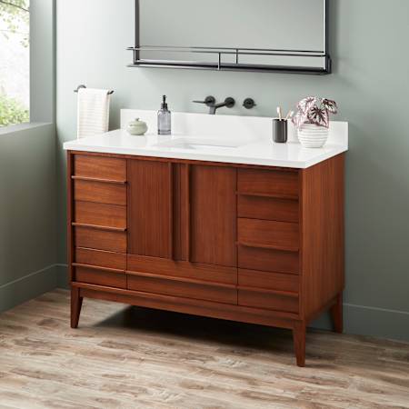 Signature Hardware Sybill 48" Freestanding Mahogany Single Basin Vanity Set with Cabinet, Vanity Top, and Rectangular Porcelain Sink - No Faucet Holes Washed Walnut / Arctic White