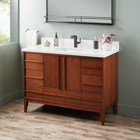 Signature Hardware Sybill 48" Freestanding Mahogany Single Basin Vanity Set with Cabinet, Vanity Top, and Rectangular Porcelain Sink - Single Faucet Hole Washed Walnut / Arctic White