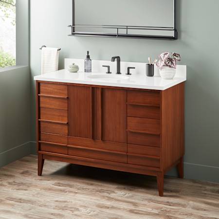 Signature Hardware Sybill 48" Freestanding Mahogany Single Basin Vanity Set with Cabinet, Vanity Top, and Oval Porcelain Sink - 8" Faucet Holes Washed Walnut / Arctic White