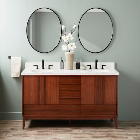 Signature Hardware Sybill 60" Freestanding Mahogany Double Basin Vanity Set with Cabinet, Vanity Top, and Oval Porcelain Sink - 8" Faucet Holes Washed Walnut / Arctic White