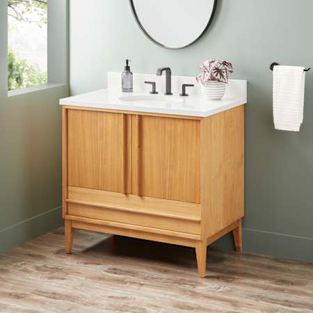 Signature Hardware Sybill 36" Freestanding Teak Single Basin Vanity Set with Cabinet, Vanity Top, and Oval Porcelain Sink - 8" Faucet Holes Natural Teak / Arctic White