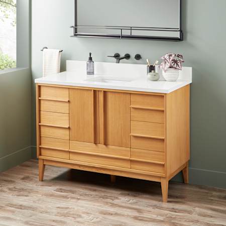 Signature Hardware Sybill 48" Freestanding Teak Single Basin Vanity Set with Cabinet, Vanity Top, and Rectangular Porcelain Sink - No Faucet Holes Natural Teak / Arctic White