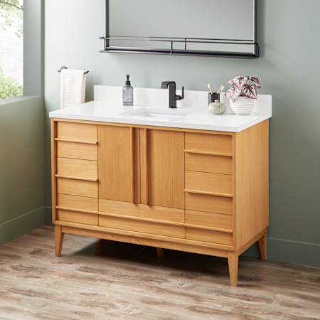 Signature Hardware Sybill 48" Freestanding Teak Single Basin Vanity Set with Cabinet, Vanity Top, and Rectangular Porcelain Sink - Single Faucet Hole Natural Teak / Arctic White