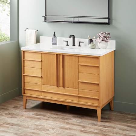 Signature Hardware Sybill 48" Freestanding Teak Single Basin Vanity Set with Cabinet, Vanity Top, and Rectangular Porcelain Sink - 8" Faucet Holes Natural Teak / Arctic White