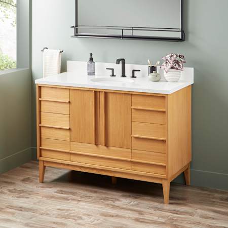 Signature Hardware Sybill 48" Freestanding Teak Single Basin Vanity Set with Cabinet, Vanity Top, and Oval Porcelain Sink - 8" Faucet Holes Natural Teak / Arctic White