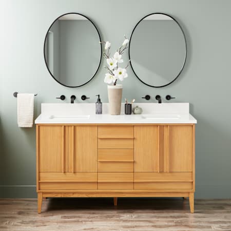 Signature Hardware Sybill 60" Freestanding Teak Double Basin Vanity Set with Cabinet, Vanity Top, and Rectangular Porcelain Sink - No Faucet Holes Natural Teak / Arctic White