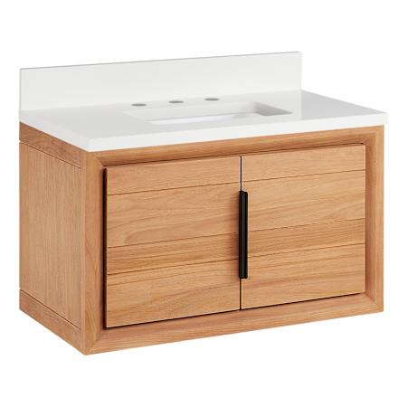 Signature Hardware Aliso 30" Wall Mount Teak Single Basin Vanity Set with Cabinet, Vanity Top, and Rectangular Undermount Sink - 8" Faucet Holes Natural Teak / Arctic White