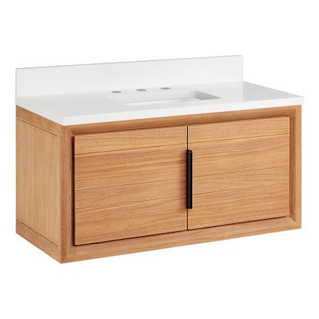Signature Hardware Aliso 36" Wall Mount Teak Single Basin Vanity Set with Cabinet, Vanity Top, and Rectangular Undermount Sink - 8" Faucet Holes Natural Teak / Arctic White