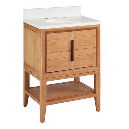 Signature Hardware Aliso 24" Console Teak Single Basin Vanity Set with Cabinet, Vanity Top, and Oval Undermount Sink - 8" Faucet Holes Natural Teak / Arctic White