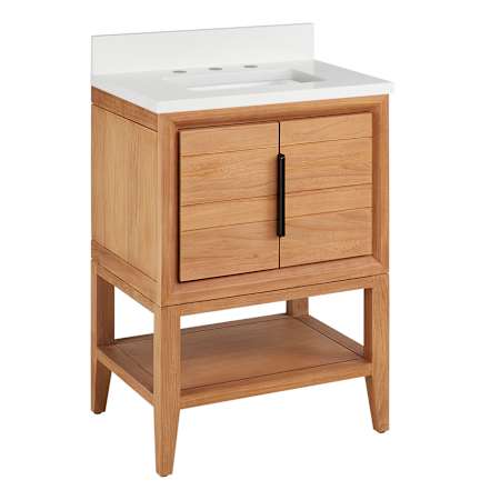 Signature Hardware Aliso 24" Console Teak Single Basin Vanity Set with Cabinet, Vanity Top, and Rectangular Undermount Sink - 8" Widespread Faucet Holes Natural Teak / Arctic White