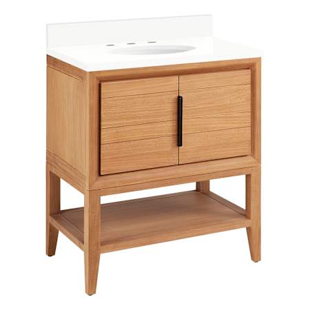 Signature Hardware Aliso 30" Console Teak Single Basin Vanity Set with Cabinet, Vanity Top, and Oval Undermount Sink - 8" Faucet Holes Natural Teak / Arctic White