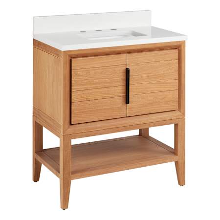 Signature Hardware Aliso 30" Console Teak Single Basin Vanity Set with Cabinet, Vanity Top, and Rectangular Undermount Sink - 8" Widespread Faucet Holes Natural Teak / Arctic White