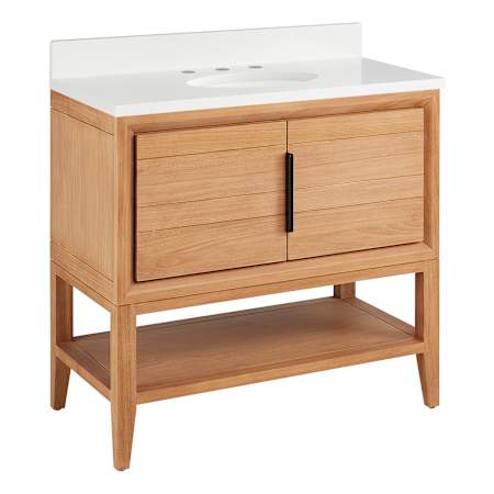Signature Hardware Aliso 36" Console Teak Single Basin Vanity Set with Cabinet, Vanity Top, and Oval Undermount Sink - 8" Faucet Holes Natural Teak / Arctic White