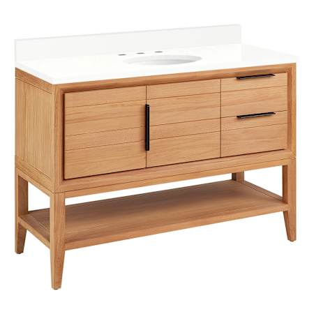 Signature Hardware Aliso 48" Console Teak Single Basin Vanity Set with Cabinet, Vanity Top, and Oval Undermount Sink - 8" Faucet Holes Natural Teak / Arctic White