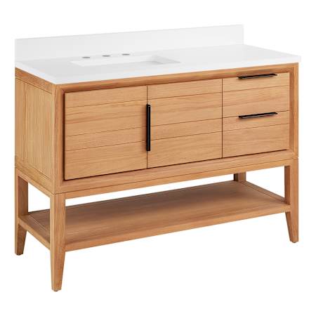 Signature Hardware Aliso 48" Console Teak Single Basin Vanity Set with Cabinet, Vanity Top, and Rectangular Undermount Sink - 8" Faucet Holes Natural Teak / Arctic White