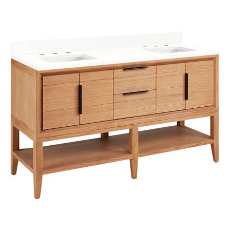 Signature Hardware Aliso 60" Console Teak Double Basin Vanity Set with Cabinet, Vanity Top, and Rectangular Undermount Sinks - 8" Faucet Holes Natural Teak / Arctic White