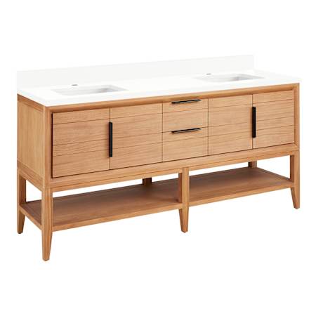 Signature Hardware Aliso 72" Console Teak Double Basin Vanity Set with Cabinet, Vanity Top, and Rectangular Undermount Sinks - Single Faucet Holes Natural Teak / Arctic White