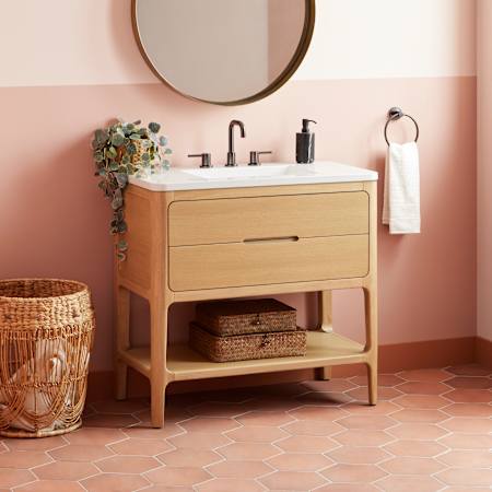 Signature Hardware Rheya 36" Console Single Basin Vanity Set with Cabinet and Solid Surface Vanity Top with Rectangular Integrated Sink - 8" Faucet Holes Blonde Oak