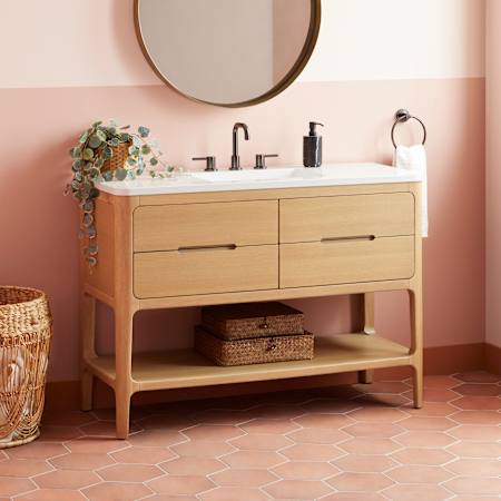 Signature Hardware Rheya 48" Console Single Basin Vanity Set with Cabinet and Solid Surface Vanity Top with Rectangular Integrated Sink - 8" Faucet Holes Blonde Oak