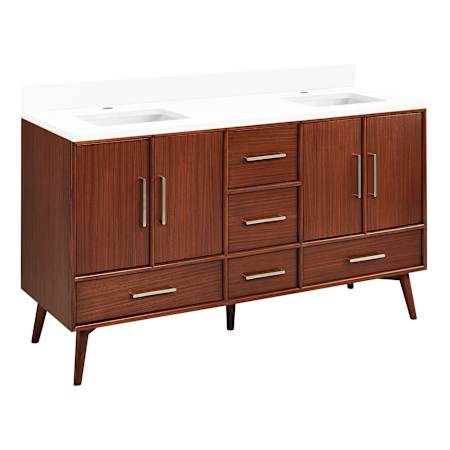 Signature Hardware Novak 60" Double Vanity Set with Mahogany Cabinet and Rectangular Porcelain Sinks - Single Faucet Hole True Walnut / Arctic White