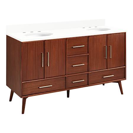 Signature Hardware Novak 60" Double Vanity Set with Mahogany Cabinet and Oval Porcelain Sinks - 8" Faucet Holes True Walnut / Arctic White