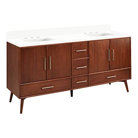 Signature Hardware Novak 72" Double Vanity Set with Mahogany Cabinet and Rectangular Porcelain Sinks - 8" Faucet Holes True Walnut / Arctic White