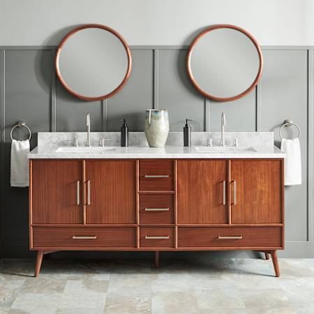 Signature Hardware Novak 72" Double Vanity Set with Mahogany Cabinet and Rectangular Porcelain Sinks - 8" Faucet Holes True Walnut / Carrara