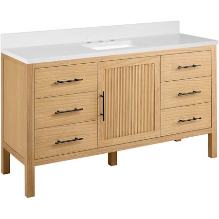 Signature Hardware Ayanna 60" Freestanding Single Basin Vanity Set with Cabinet, Vanity Top, and Rectangular Undermount Sink - 8" Faucet Holes Natural Mindi / Arctic White