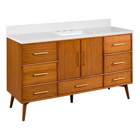 Signature Hardware Novak 60" Single Vanity Set with Teak Cabinet and Rectangular Porcelain Sink - 8" Faucet Holes Teak / Arctic White