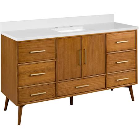 Signature Hardware Novak 60" Freestanding Teak Single Basin Vanity Set with Cabinet, Vanity Top, and Rectangular Undermount Sink - 8" Widespread Faucet Holes Teak / Arctic White