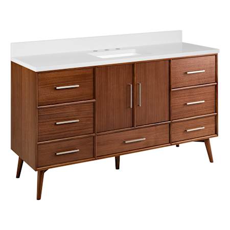 Signature Hardware Novak 60" Single Vanity Set with Mahogany Cabinet and Rectangular Porcelain Sink - 8" Faucet Holes True Walnut / Arctic White