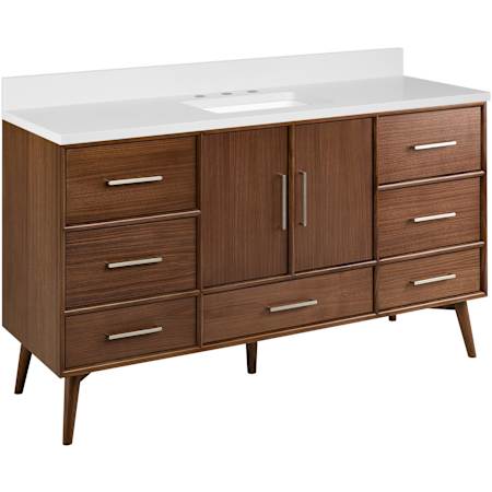 Signature Hardware Novak 60" Freestanding Mahogany Single Basin Vanity Set with Cabinet, Vanity Top, and Rectangular Undermount Sink - 8" Widespread Faucet Holes True Walnut / Arctic White