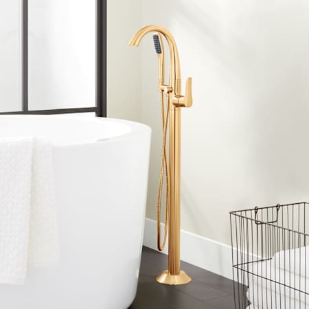 Signature Hardware Provincetown Freestanding Tub Faucet with Hand Shower and Rough-In Valve Less Stops Brushed Gold