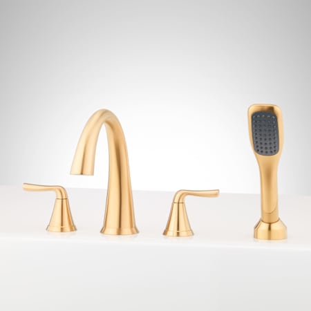 Signature Hardware Provincetown 4-Hole Roman Tub Faucet and Hand Shower with Rough-In Valve Brushed Gold