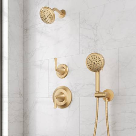 Signature Hardware Provincetown Pressure Balanced Shower System with Shower Head, Hand Shower, Shower Arm, Hose, and Valve Trim Brushed Gold