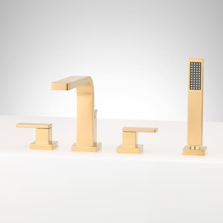 Signature Hardware Hibiscus Deck Mounted Tub Filler Faucet - Includes Hand Shower and Valve Brushed Gold