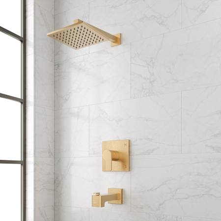 Signature Hardware Hibiscus Pressure Balanced Shower System with Shower Head, Tub Spout, Shower Arm, and Valve Trim Brushed Gold