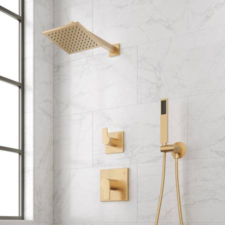 Signature Hardware Hibiscus Pressure Balanced Shower System with Shower Head, Hand Shower, Shower Arm, Hose, and Valve Trim - 2 Levers Brushed Gold
