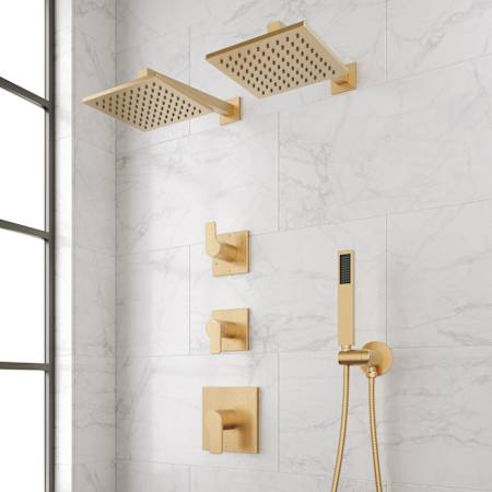 Signature Hardware Hibiscus Thermostatic Shower System with Dual Shower Heads, Hand Shower, Shower Arm, Hose, and Valve Trim Brushed Gold