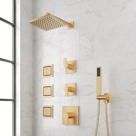 Signature Hardware Hibiscus Thermostatic Shower System with Shower Head, Hand Shower, Bodysprays, Shower Arm, Hose, and Valve Trim Brushed Gold